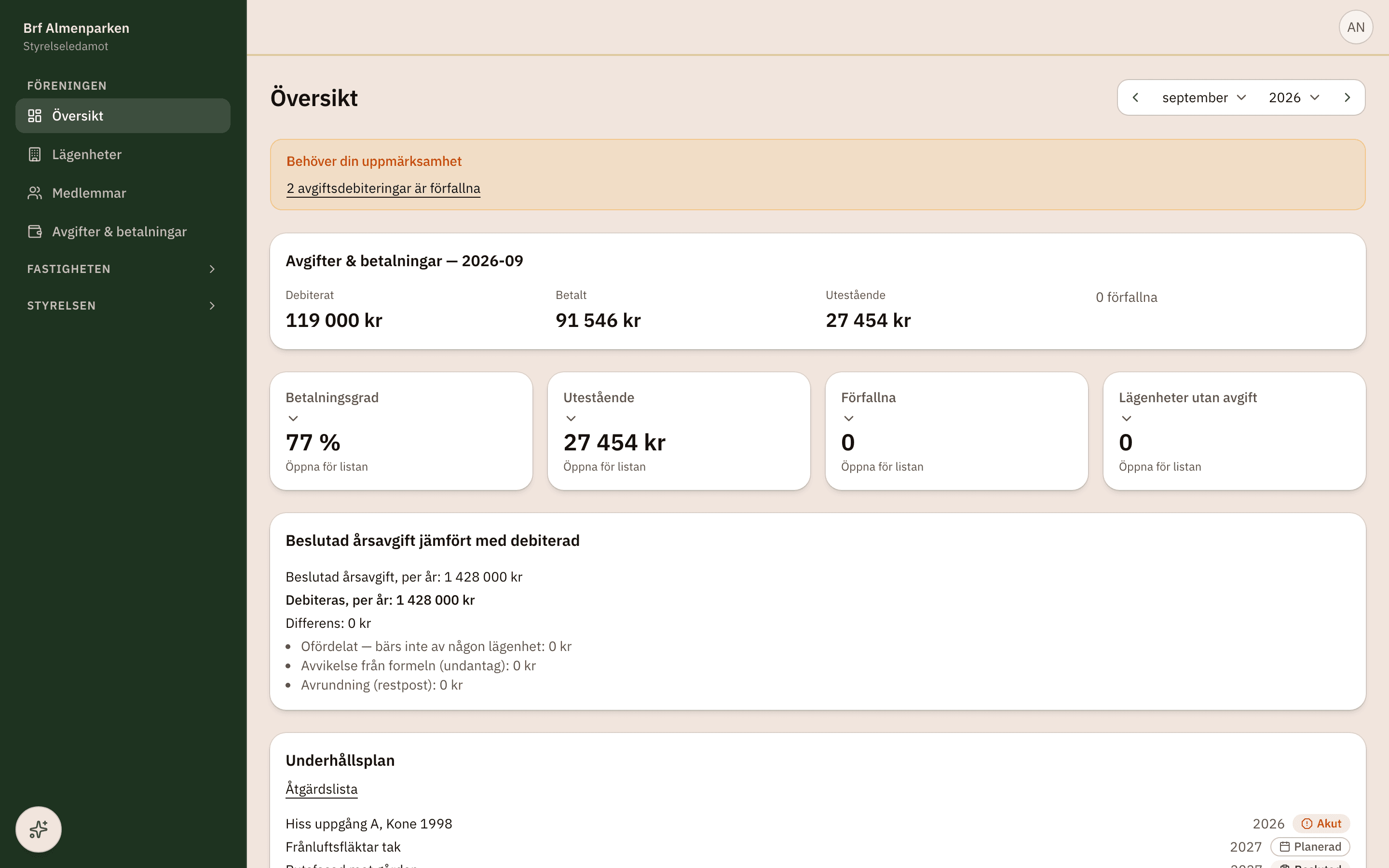 Styrelsens översikt i Domera BRF: periodens avgifter, betalningsgrad, lägenheter, medlemmar och nästa stämma